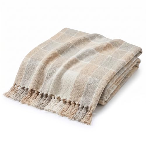 Americanflat 50x60 Throw Blanket - Soft and Breathable Cotton Throw Blanket for Couch, Bed, Chair - Decorative Blankets Perfect for Home, Office, or Outdoor Use - Camel and Beige Plaid Design