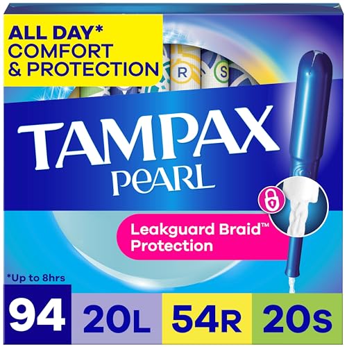Tampax Pearl Tampons for Women Multipack, with LeakGuard Braid, Light/Regular/Super Absorbency, Unscented, 94 Count (2 Packs of 47)