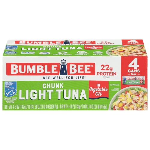 Bumble Bee Chunk Light Tuna in Oil, 5 oz Cans (Pack of 4) - Wild Caught Skipjack Tuna - 22g Protein Per Serving - MSC Certified Sustainable Seafood, Non-GMO, Gluten Free, Kosher