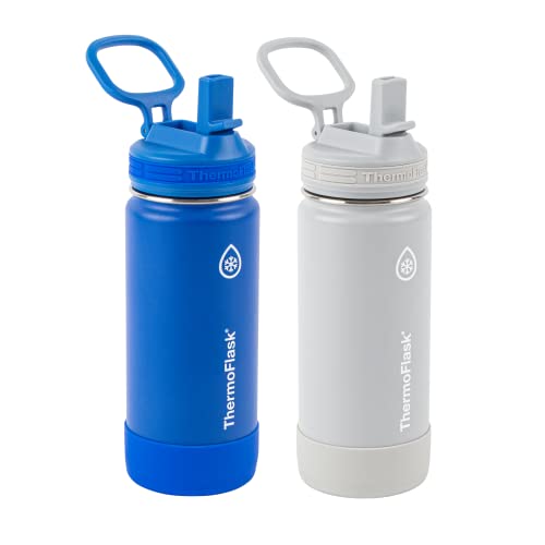 ThermoFlask Kids Bottle with Straw Lid - Durable & Dishwasher-Safe Water Bottles & Lids - Leak-Proof Bottle Lid Design - Reusable Water Bottles for Everyday Use - 16 oz, Blueberry/Wolf Grey (2 Pack)