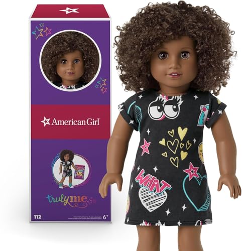 American Girl Truly Me 18-inch Doll #112 with Brown Eyes, Dark-Brown Hair, Deep Skin, Black T-shirt Dress, For Ages 6+