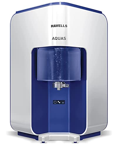 Havells AQUAS Water Purifier (White and Blue), RO+UF, Copper+Zinc+Minerals, 5 stage Purification, 7L Tank, Suitable for Borewell, Tanker & Municipal W