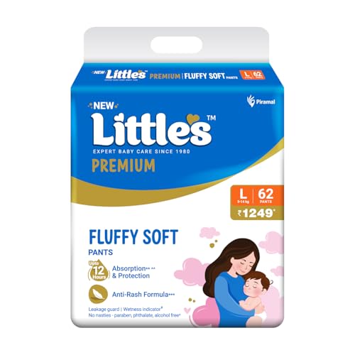 Little's Premium Baby Diapers L Size (Large) Pants Style | 9-14 kg | 62 Count | Super Jumbo FluffySoft Baby Diaper with Leakage Guard, Wetness Indicat