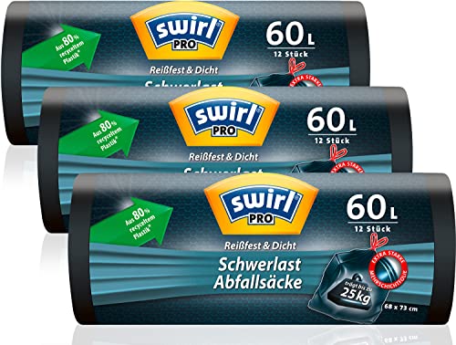 (-28%) Swirl Schwerlast-Müllsäcke 60L (3 x 12 Beutel), Mülltüten mit praktischem Zugband, tropf- und durchstoßsichere Müllbeutel für schweren Abfall aus Haus und Garten