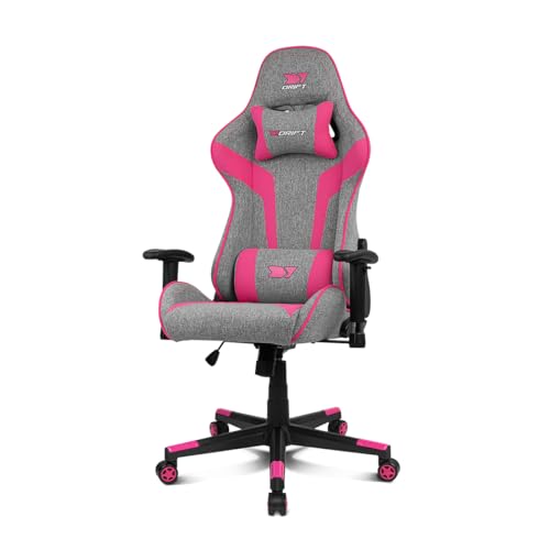 ⚡ BLITZDEAL (-65%) DRIFT GAMING DR90 – Ergonomischer Gaming-Stuhl mit Kopf- und Lendenstütze, 135° neigbare Rückenlehne, 2D-verstellbare Armlehnen, atmungsaktiver Stoff, Nylonbasis und Gasfeder Klasse 4, grau/rosa