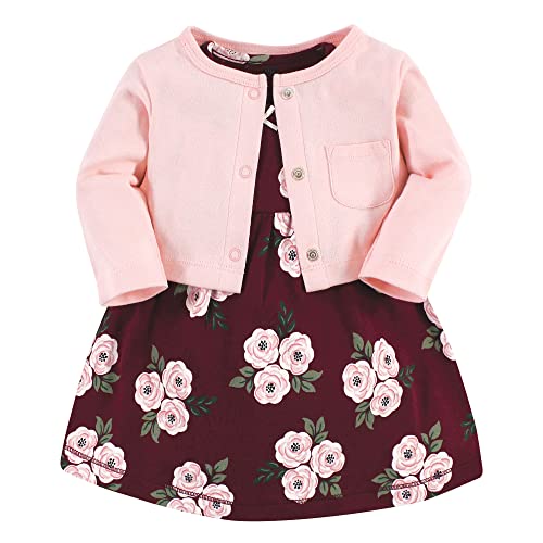 Hudson Baby Baby Girls' Cotton Dress and Cardigan Set, Burgundy Floral, 12-18 Months