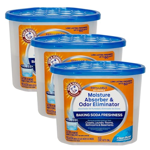 Arm & Hammer Clean Burst Moisture Absorber and Odor Eliminator Tubs, 14 oz, 3 Pack, Attract and Trap Excess Moisture, Eliminate Musty Odors, Convenient and Effective, White