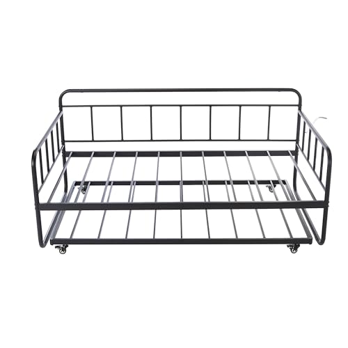 Amazon Basics Twin Daybed and Trundle Bed Frame Set, Easy Assembly, Space Saving, Steel Slat Support, Black, 77.3 x 40 x 35.4 in