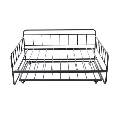 Amazon Basics Full Daybed and Twin Size Trundle Bed Frame Set, Space Saving Steel Slat Support, Black