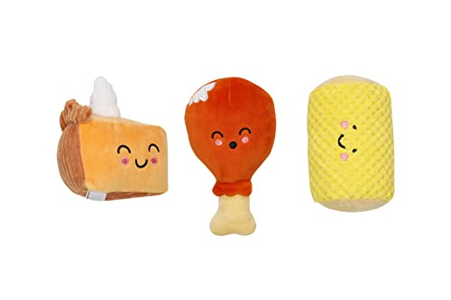 Pearhead Pet Thanksgiving Dinner Dog Toys - Slice of Pumpkin Pie, Turkey Leg, and Corn Cob Plush with Squeakers, Set of 3
