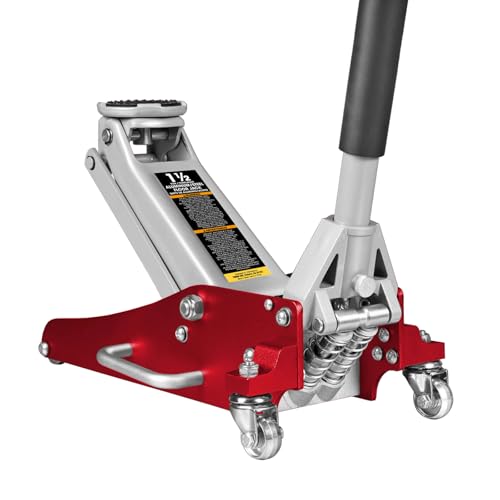 BIG RED AT815016LR Torin Hydraulic Low Profile Aluminum and Steel Racing Floor Jack with Dual Piston Quick Lift Pump, 1.5 Ton (3,000 lb) Capacity, Red