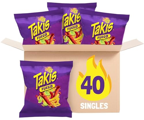 Takis Fuego 40 pc / 1 oz Multipack - Hot Chili Pepper & Lime Flavored Extreme Spicy Rolled Tortilla Chips - Individual Bags, Perfect for Tailgates, Parties, Lunchboxes or Lunches