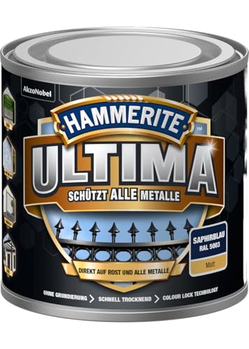 🔥 STARKER PREIS (-42%) Hammerite Ultima Matt, Metallschutzlack, Hochwertiger Schutzlack für alle Metalle im Außenbereich, Saphirblau RAL 5003, 250 ml