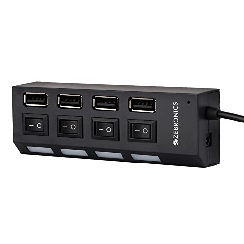 ZEBRONICS 150Hb 4 Port USB Hub with Dedicated On/Off Switch, Led Indicators, 45Cm Cable Length, Optional Power Input Port, Multi Device and Plug Play 