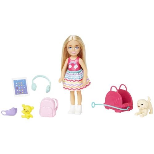 Barbie Chelsea Small Doll & 6 Accessories, Travel Set with Puppy, Pet Carrier & Backpack that Opens & Closes, Blonde Hair