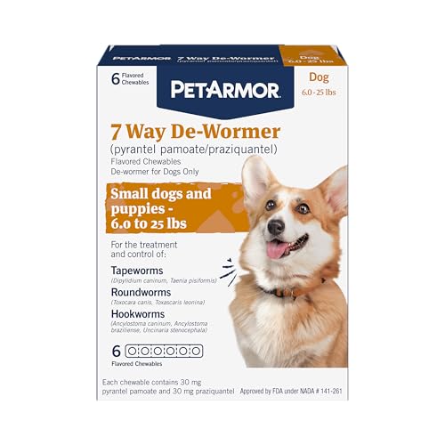 PetArmor 7 Way De-Wormer for Dogs, Oral Treatment for Tapeworm, Roundworm & Hookworm in Small Dogs & Puppies (6-25 lbs), Worm Remover (Praziquantel & Pyrantel Pamoate), 6 Flavored Chewables