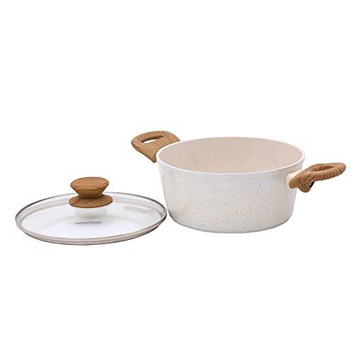 Mimo Style Caçarola Linha Mármol Vanilla 2,25L, Alumínio e Tampa de Vidro Temperado Com Saída para Vapor. Funciona em Fogão a Gás, Elétrico e Indução, Modelo: PS20CM