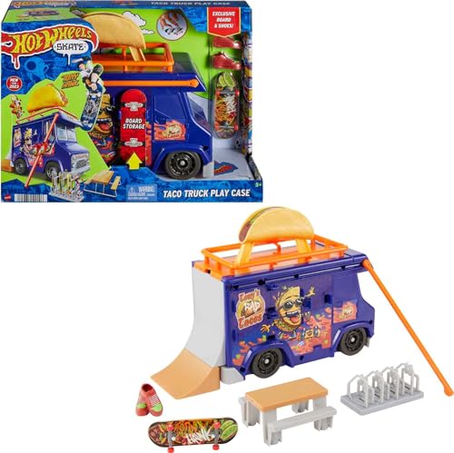 Hot Wheels Skate Coffret Camion De Tacos Skatepark Portable avec 1 Fingerboard Exclusif, 1 Paire De Chaussures De Skate Amovibles pour Doigts Et Espaces De Rangement, Jouet Enfant, Dès 3 Ans, HMK00