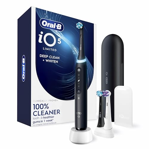 Oral-B iO Deep Clean + Whiten Rechargeable Electric Toothbrush with Visible Pressure Sensor, 2 Minute Timer, 5 Cleaning Settings, 1 iO5 Limited, 3 Toothbrush Heads, Travel Case & Refill Holder, Black