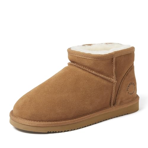 Fireside by Dearfoams Women's Riverland Shearling Fur Lined Mini Ankle Boot with Platform Slipper, Chestnut, 8