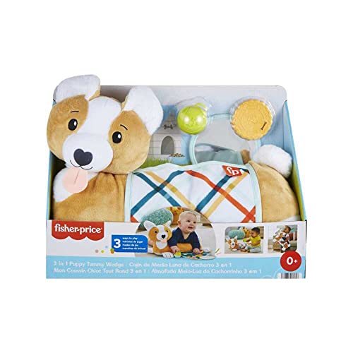 Fisher-Price Baby Toy 3-in-1 Puppy Tummy Time Wedge Support with Mirror, Teether & Rattle, Developmental Play for Newborns Ages 0+ Months, HJW10