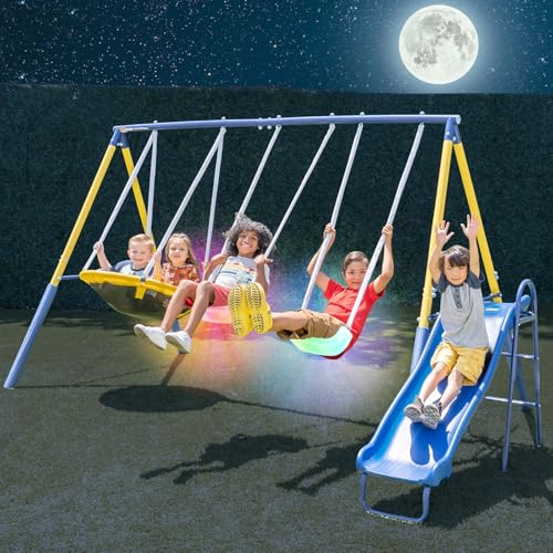 Sportspower Starlight Metal Swing Set with 2 LED Light-Up Swings, Saucer Swing & 5ft Slide – Outdoor Kids Playset with Sturdy Frame and Safety Features