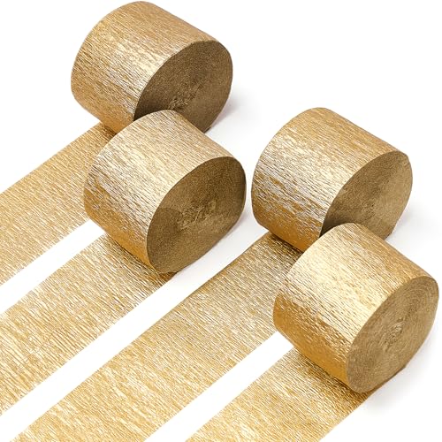 PartyWoo Gold Crepe Paper Streamers 4pcs 328ft Pack of Gold Crepe Paper for Wedding Birthday Baby Shower Engagement Anni