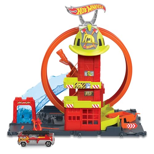 Hot Wheels City with 1 Toy Car, Kid-Powered Elevator, Water-Like Ramp, Track-Play Features, Connects to Other Sets, Fire Station with Super Loop (Amazon Exclusive)