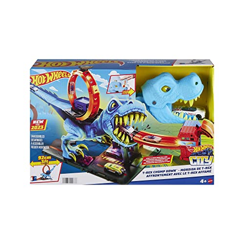 Hot Wheels City Track Set with 1 Toy Car, Race Through a Giant Loop to Defeat a Big Dinosaur, T-Rex Loop Stunt and Race Playset