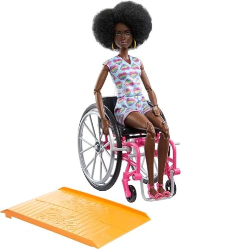 Barbie Doll with Wheelchair and Ramp, Kids Toys, Barbie Fashionistas, Curly Black Hair, Rainbow Heart Romper, Clothes and Accessories