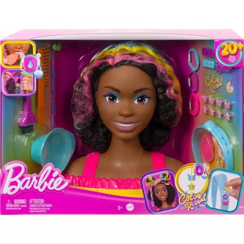 Barbie Totally Hair Styling Doll Head & 20+ Accessories, Color Reveal & Color-Change Pieces, Curly Brown Neon Rainbow Hair