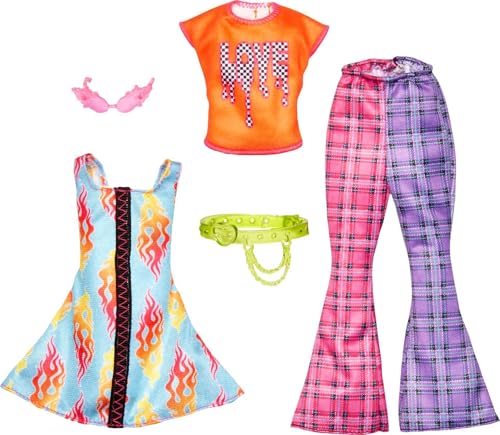 Barbie Roupas e Acessórios, Vestido Fogo, Calça boca de sino Xadrex, camiseta laranja, óculos e cinto HJT34 Mattel
