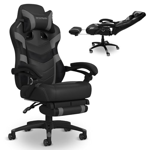 RESPAWN 110 Ergonomic Gaming Chair With Footrest Recliner - Racing Style High Back PC Computer Desk Office Chair - 360 Swivel, Lumbar Support, Adjustable Headrest Pillow, Padded Armrests - 2021 Grey