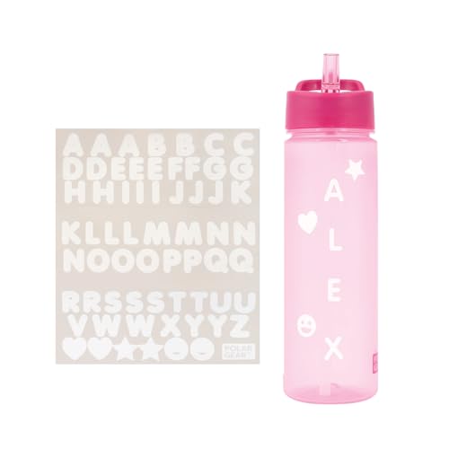 Polar Gear Personalised A-Z Sticker Water Bottle with Straw 600ml – Official Merchandise Kids Reusable Non Spill BPA Free Tritan – Personalise - Ideal For School Nursery Sports Picnic,Pink/Berry