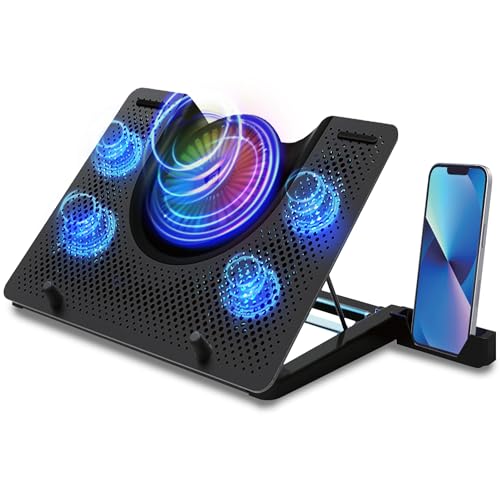 Archer Tech Lab Cooling Pad Stand for Gaming Laptop with RGB Lighting, Aluminum Metal Grid, 5 Turbo Cooler Fans, 5 Adjustable Angles, Phone Holder, Su