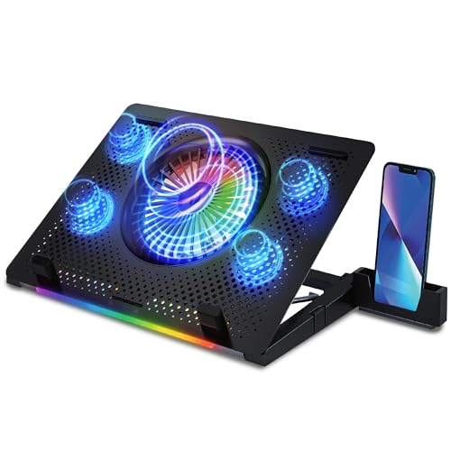 Archer Tech Lab Cooling Pad Stand for Gaming Laptop with RGB Lighting, 5 Turbo Cooler Fans, 5 Adjustable Angles, Aluminum Metal Grid, Phone Holder, Su