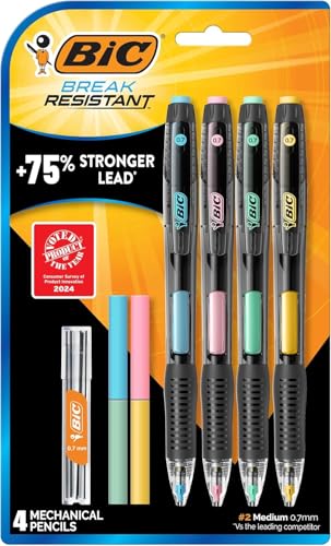 BIC Break Resistant Mechanical Pencils with Erasers, No. 2 Medium Point (0.7mm), 4-Count Pack Pencils for School or Office Supplies, Lead and Eraser Refills