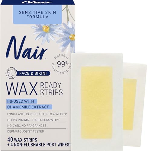 Nair Sensitive Hair Remover Wax Ready Strips, Face and Bikini Hair Removal Wax Strips, 40 Count
