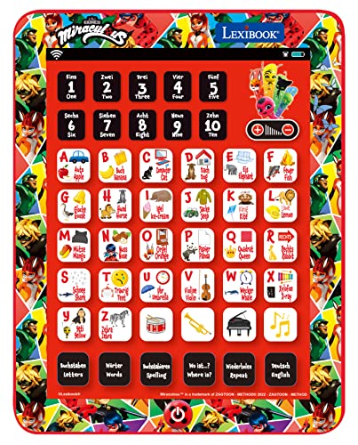 LEXIBOOK, Miraculous Ladybug Cat Noir, Educational Bilingual Interactive Tablet, Toy to Learn Alphabet Letters Numbers Words Spelling and Music, English/German, Red, JCPAD002MIi3