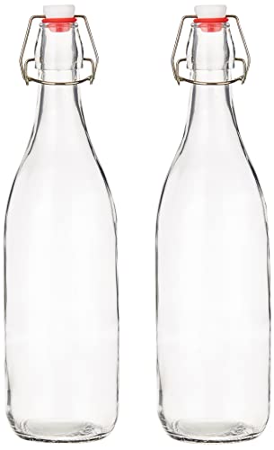 Amazon Brand - Solimo Swing Top Water Bottle with Stopper - Set of 2 (1 Liter) - Glass, Transparent