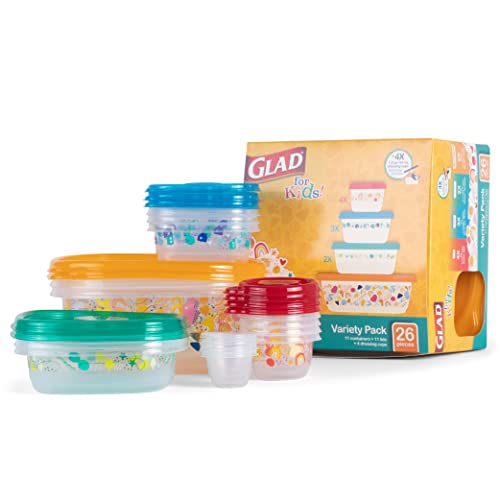 Glad for Kids GladWare Variety Pack - Back-to-School Food Storage Containers with Lids - Mixed Sizes with Rainbow and Cute Patterns - Tight-Sealing Kids Lunch Set - 26 Pieces