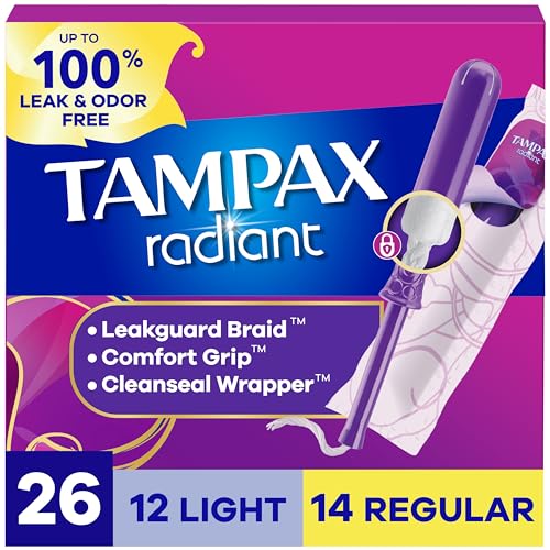 Tampax Radiant Tampons Multipack, with LeakGuard Braid, Light/Regular Absorbency, Unscented, 26 Count