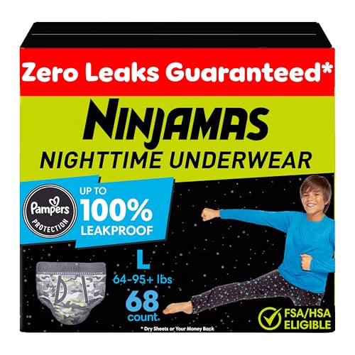 Ninjamas Boys Bedwetting Nighttime Underwear, Size L Pull Ups for Boys (64-95+ lbs), 68 Count, Training Pants, Overnight Underwear Kids, Ultra Absorbent, Hypoallergenic