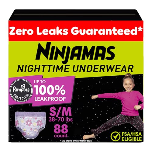 Ninjamas Girls Bedwetting Nighttime Underwear, Size S/M (38-70 lbs), 88 Count, Overnight Protection, Ultra Absorbent, Hypoallergenic