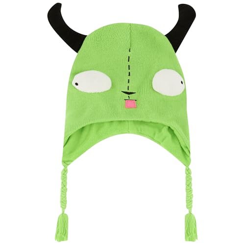 Invader Zim Beanie Hat, Gir Cosplay Adult Peruvian Winter Knit Cap with Ears and Tassels, Green One Size