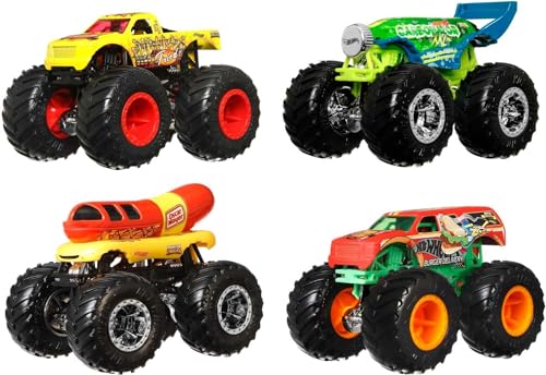 Hot Wheels Monster Trucks, 1:64 Scale Monster Trucks Toy Trucks, Set of 4, Giant Wheels, Favorite Characters and Cool Designs