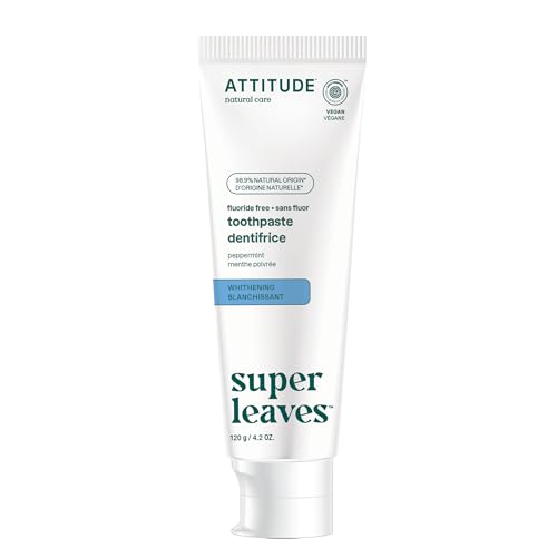 Attitude Fluoride-Free Whitening Toothpaste, Peppermint Flavor, Vegan & Cruelty-Free, Sugar-Free, Plant & Mineral-Based Ingredients, Clean Oral Care, 4.2 Oz