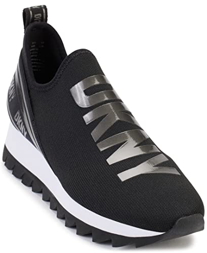 DKNY Women's Abbi Knit Slip On Sneaker with Logo, Black/White, 8