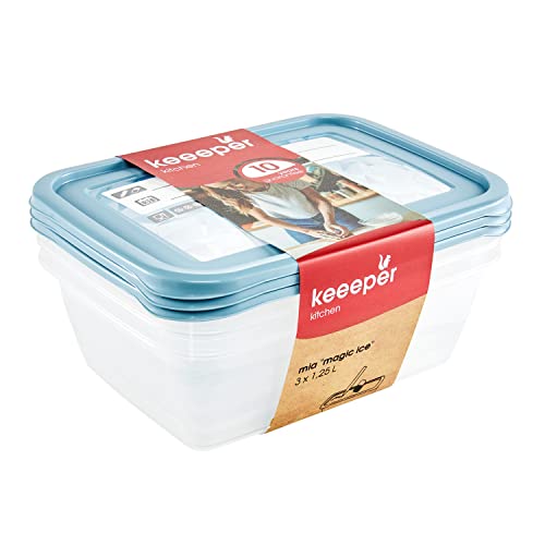 (-43%) keeeper Tiefkühldosenset 3-teilig, Wiederbeschreibbarer Deckel, 3 x 1,25 l, 20,5 x 15,5 x 6,5 cm, Mia Magic Ice, Nordic Blue