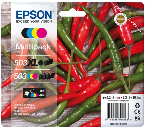 Epson Original 503 Tinte Chili Multipack 4-farbig schwarz XL, CMY Standard, XP-5200 XP-5205 WF-2960DWF WF-2965DWF, ReadyPrint Flex-Tintentarife